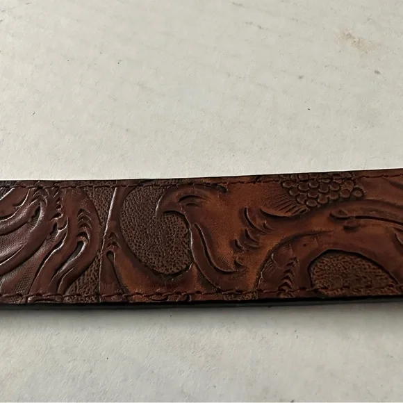 Tooled Leather Belt Brown with Silver Very Distressed Etched Hardware Never Worn - Picture 5 of 10